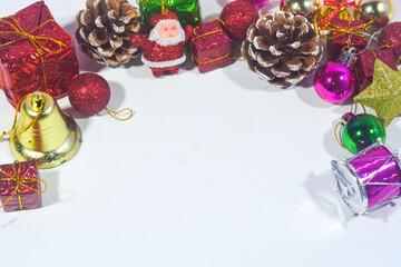 Christmas background with objects, stars, gift boxes with a red and white theme
