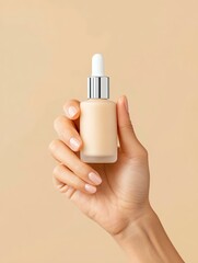 Luxury skin care products for the elderly A close-up of a hand holding a beauty serum bottle against a soft, neutral background, perfect for skincare promotion.