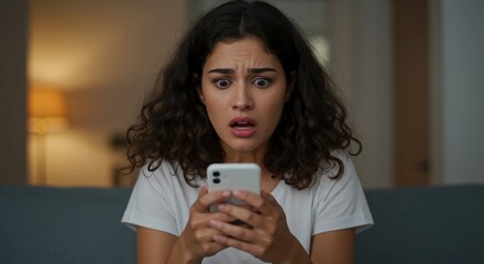 Fototapeta premium Young woman looking shocked while holding smartphone in living room 