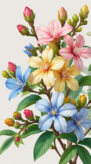 Fototapeta premium aesthetic jasmine florals with vivid hues resting on botanical twigs over soft cream white paper texture floral botanical illustration wallpaper background