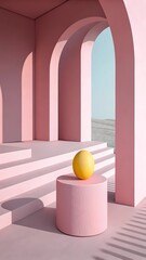 Minimal Abstract Yellow Sphere on Pink Cylinder in Soft Landscape