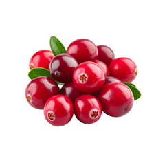 Fresh red cranberries with green leaves isolated food on transparent background