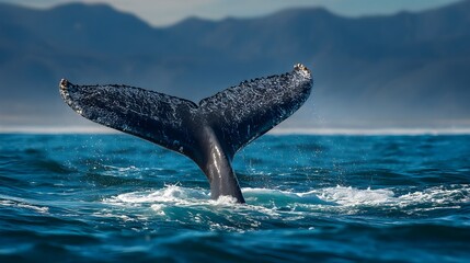 Obraz premium Whale tail flipping above ocean surface