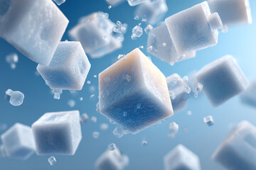 An abstract of floating 3d cubes in mid-air symbolizing systems and structure on a light blue gradient