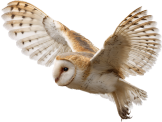 Barn owl flying wings spread on transparent background