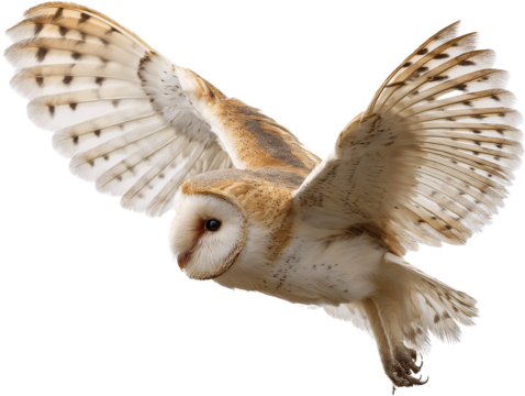 Barn owl flying wings spread on transparent background