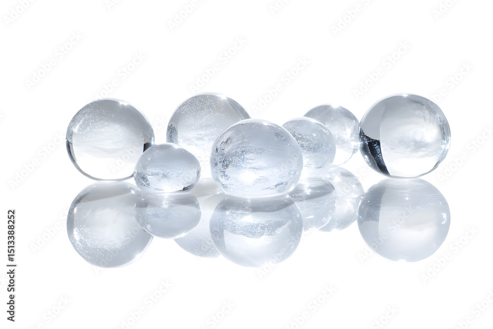 Poster cluster of hyaluronic acid bubbles varying in size with subtle reflections on their surfaces isolate