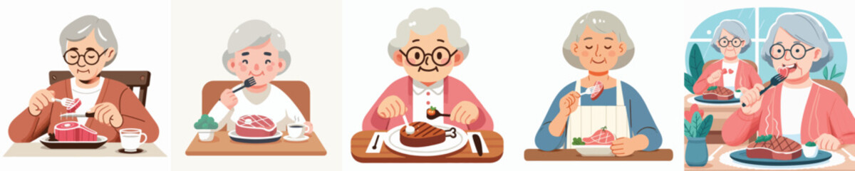 vector of a grandmother eating steak