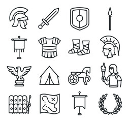Ancient roman history flat icon collection. classic empire and military symbols