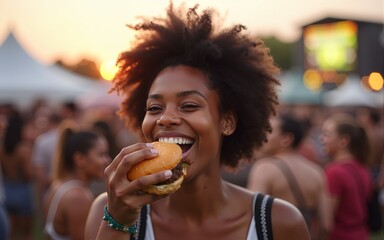 Happy black woman eating burger during open air music festival and looking at camera. High quality