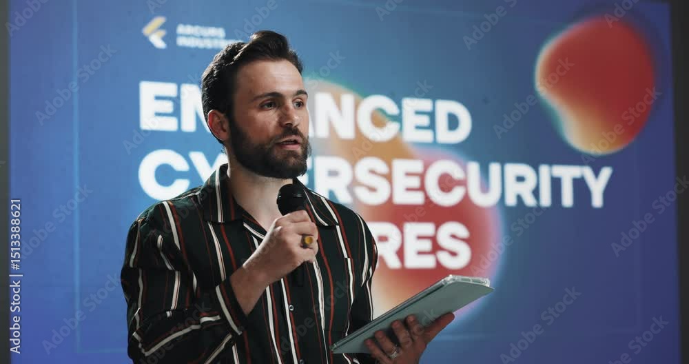 Poster Man, talk and speech with tablet at conference event for enhanced cybersecurity measurement. Public speaking, presentation and online for information, data protection and innovation of digital safety