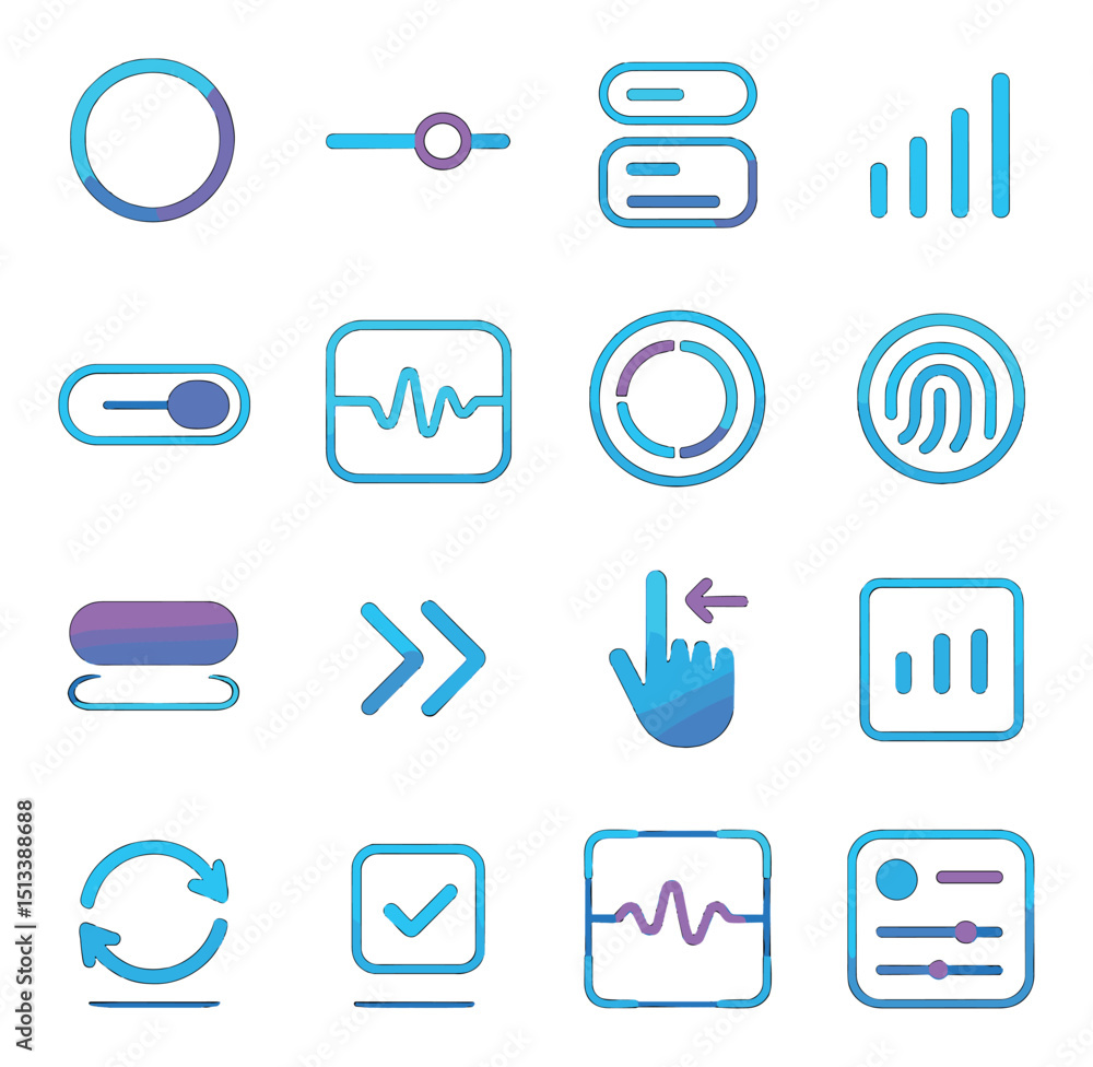 Poster technology and digital flat icon collection. tech symbols and digital interface set