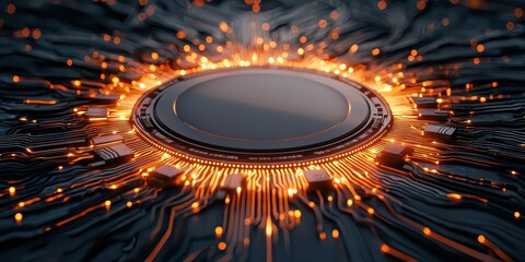 economy consumption trends concept. Futuristic circuitry with glowing elements emanating from a central circular hub.