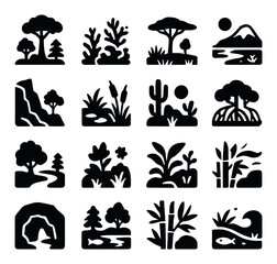 Nature and landscape icon collection in silhouette style. outdoor and scenery set