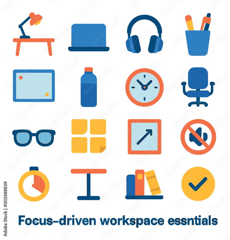 Poster office essentials icon collection in flat style. workspace and productivity symbols set