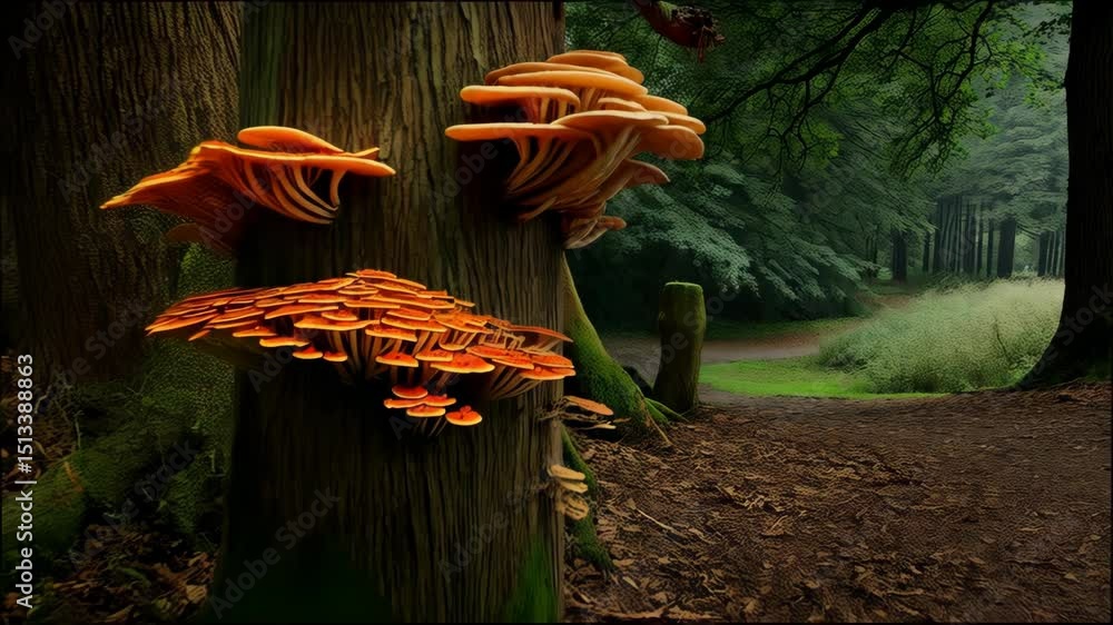 Poster oyster mushrooms grow on an old mossy tree trunk with a path through a dense forest in the backgroun