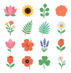 Naklejka premium Floral flat icon collection. nature, flowers, and botanical elements set