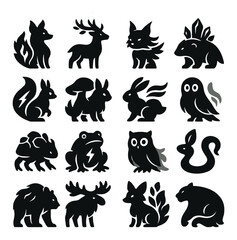 Wildlife silhouette icon collection: animal, nature, and forest creatures in simple style