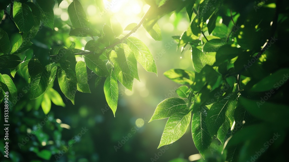 Aufkleber sunlight filters through fresh green leaves, creating a serene and dreamy natural background with bo