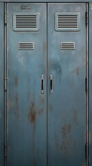 Fototapeta premium Industrial aged lockers featuring a blue color palette, distressed metal, and ventilation details.