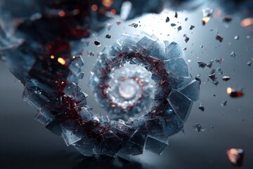 Floating shards of translucent glass forming a spiral to symbolize innovation and breakthrough.