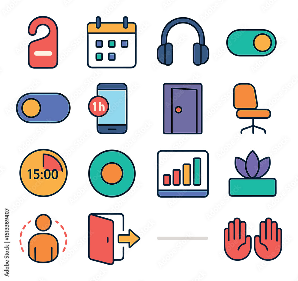 Poster business and productivity flat icon collection. task management, workflow, efficiency set