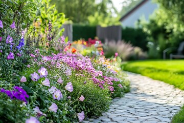 Beautiful garden path bordered by vibrant mixed flowers and greenery leads through peaceful outdoor space