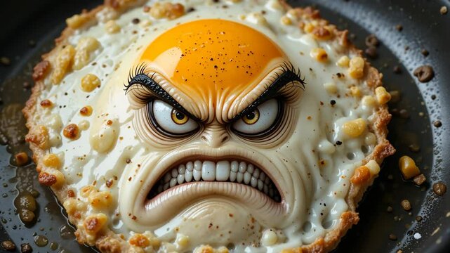 Angry cartoon face drawn on fried egg with intense expression and textured whites. Concept of food humor and exaggerated emotion