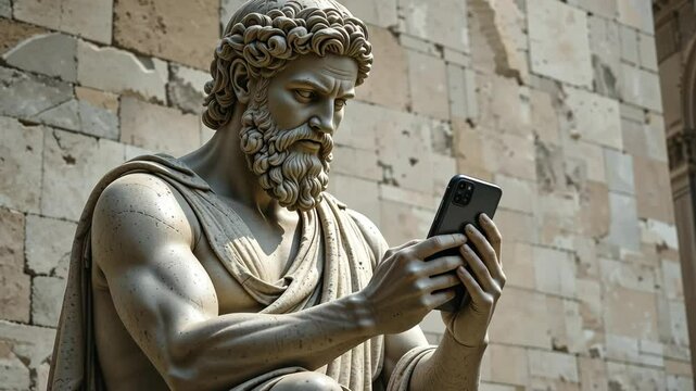 Ancient marble statue of male philosopher holding smartphone against stone wall background. Concept of time clash and modern technology