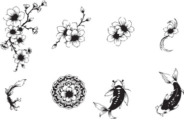 A set of Japanese decorative elements for flat design. Hand drawn vector illustration