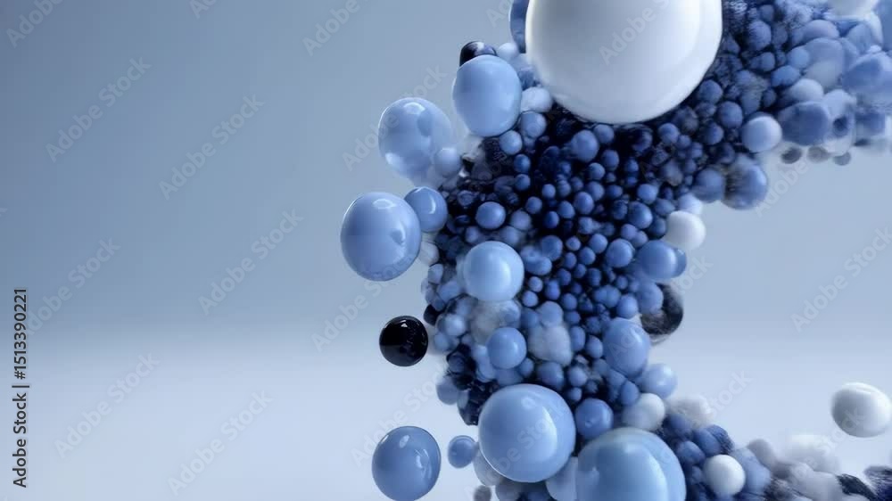 Poster abstract infinity symbol rendered with spheres in shades of blue, gray and white - generative and vi