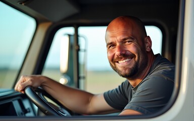 Happy truck driver looking through side window while driving his truck. High quality