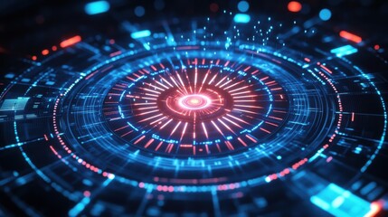 A vibrant digital dartboard represents precision in technology and data-driven decision-making. The illuminated patterns demonstrate modern innovation and strategy.