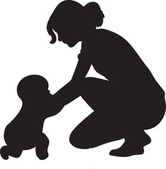 Silhouette Illustration of Mother Supporting Baby's First Steps on Black Background, Depicting Family Bond and Early Childhood