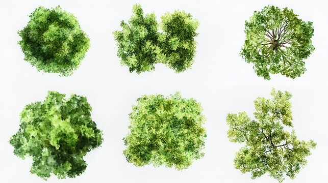 green grass isolated on white background, Set of watercolor tree top view for landscape plan and architecture layout.
