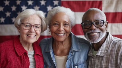 Three senior citizens smiling with american flag background