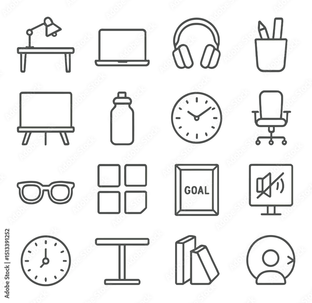Poster office essentials icon collection: linear style designs for workspace and productivity