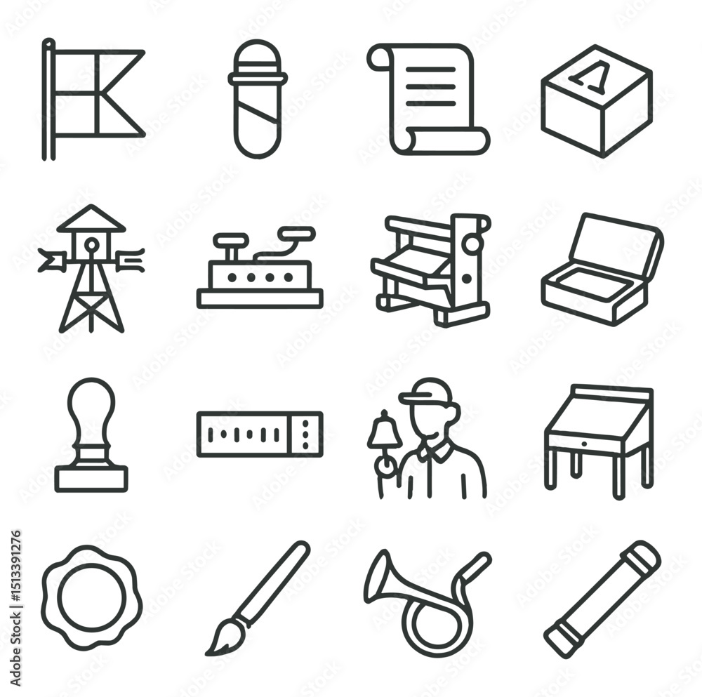 Poster office essentials linear style icon collection. work and productivity symbols set
