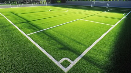 Aerial view of an empty soccer field, vibrant green grass, white lines, and goals.