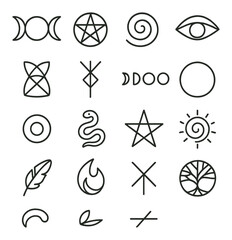 Wiccan and pagan linear style icon collection. spiritual and mystical symbol set