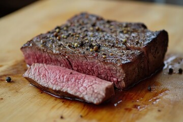 Delicious sliced pepper crusted steak on wooden board