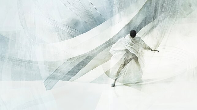 Figure in white shroud against an abstract light backdrop, evokes ethereal movement and artistic expression.