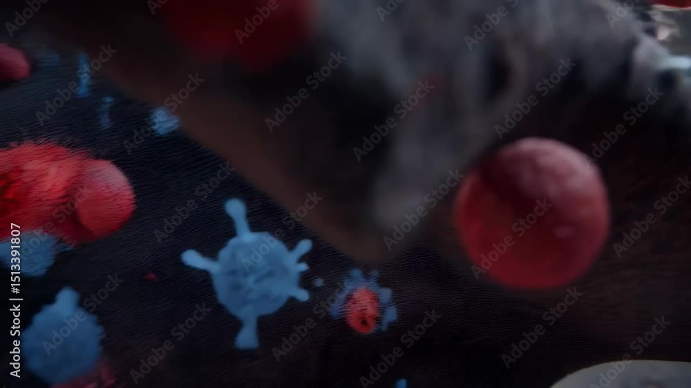 Poster detailed 3d rendering of multiple red and blue viruses attacking a textured surface with small white