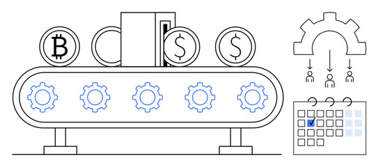 Conveyor belt processing Bitcoin and Dollar coins alongside gears, calendar, and gear distributed arrows. Ideal for fintech, automation, productivity, efficiency, logistics, scheduling cryptography