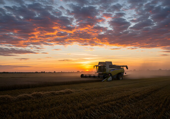 Combine harvester at sunset in field