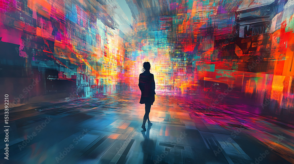 Poster a group of people are walking through a colorful room with a large archway. the room is filled with 