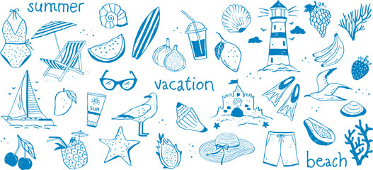 Set of vector illustrations hand drawn beach theme and accessories for vacation at sea. Vector illustration in doodle style.