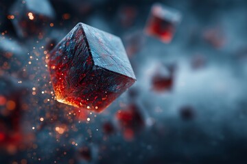 Floating polygon fragments scattering across a blurred background to represent disruption.