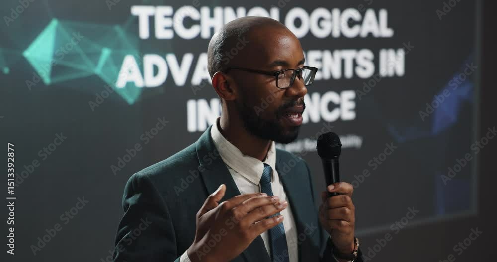 Aufkleber Presenter, black man and talking at conference event for technological advancements in insurance. Public speaking, presentation and live summit, automation pitch and claims process of fraud detection