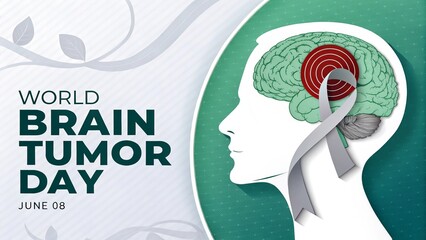 World Brain Tumor Day, Head profile illustration highlights tumor in human brain graphic.
